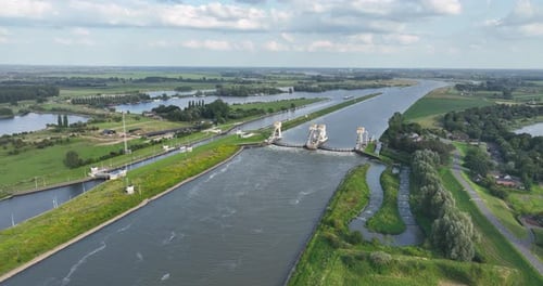Aerial drone video on The Hagestein weir and lock complex is located in the Lek.