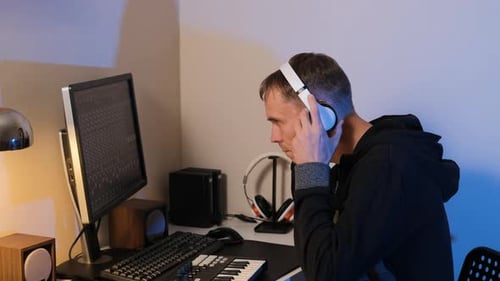 Man Composing Music Wearing Headphones at Computer