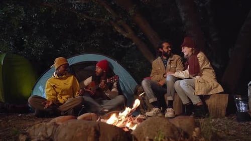 Friends Gather Round Campfire at Night in Forest