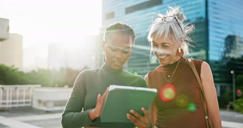 City, business women and tablet for communication, typing email and corporate connection