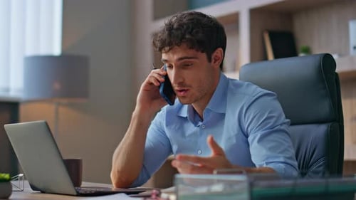 Confident Professional Speaking Smartphone in Home Office Closeup Man Calling