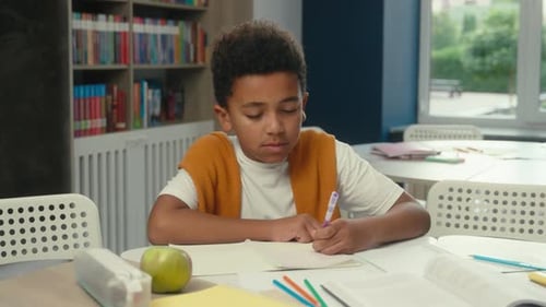 African American Sad Little Boy Displeased Kid Schoolboy Child Student Pupil Son Learning at Desk