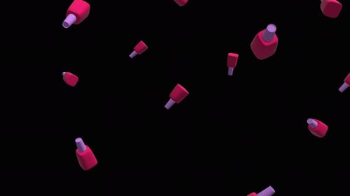 Falling pink nail polish bottles over alpha channel. Rain of nail polish bottles across the screen.