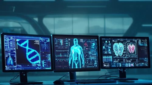 Doctor Working at Futuristic Office Multiple Monitors Displaying Medical Images Data and Body Scans