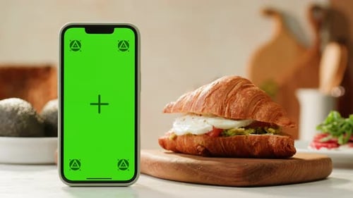 Phone with Green Screen Chroma Key on Kitchen Restaurant Cafe Bistro Application Bakery Food Fresh