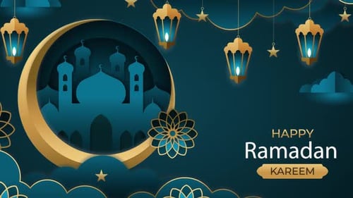 Ramadan Kareem Title Animation with Decorative Lanterns and Crescent