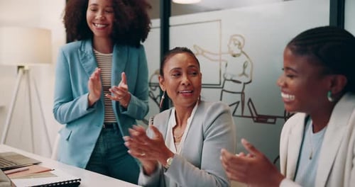 Business, women and happy with applause at office for celebration, teamwork and collaboration
