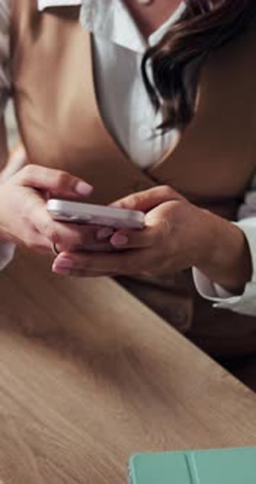 Woman, hands or typing with phone in workplace for text message, social media or communication