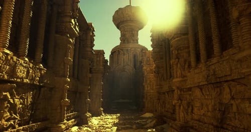 A Vast Corridor Leads Through Ancient Temple Ruins Illuminated By Sunlight