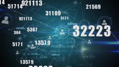 Animation of numbers changing data processing against network of connections with people icons
