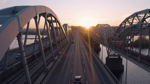 Aerial Perspective View of Highway Bridge During Sunset