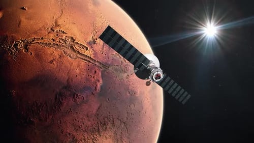 Futuristic Satellite Orbiting Mars with Sun Flare
