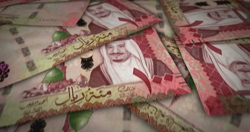 Saudi Arabia Rial 100 banknote flying over money surface
