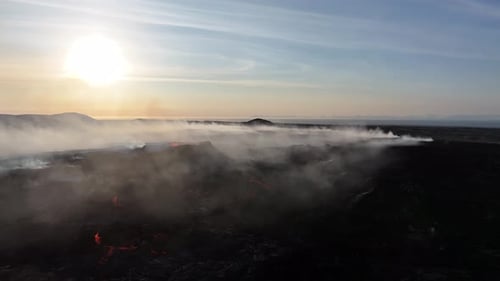 Aerial view of volcanic eruption, Iceland.