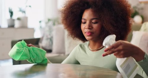 Woman Cleans Table with Spray and Cloth