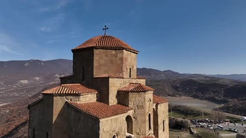 Flying around the historic Jvari monastery from 6th century in Mtskheta, Georgia. Aerial footage