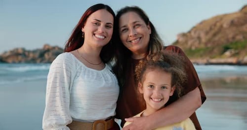 Beach, face and mother with granny, kid and happiness with hug or bonding together with vacation