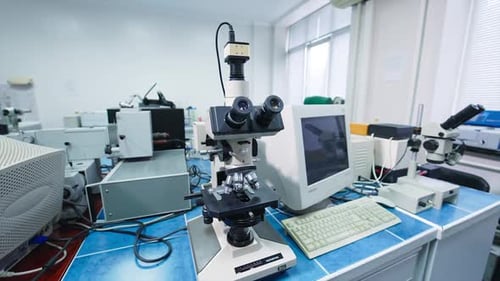 Microbiology scientific research equipment. Laboratory medical microscope.