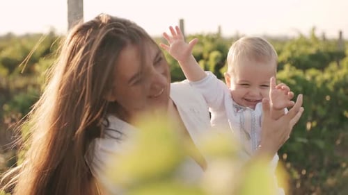 Jeune maman aux cheveux longs marchant et jouant avec son bébé au coucher du soleil dans les vignobles