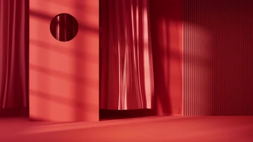 Red Abstract Room with Flowing Curtains and Window Light