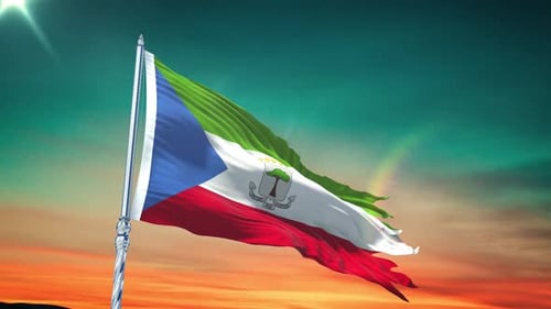 Equatorial Guinea National Flag Waving Animation with Sunset Background