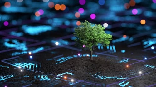 Ein einsamer Baum steht inmitten leuchtender digitaler Linien auf einer dunklen Oberfläche, die die Begegnung der Natur symbolisiert