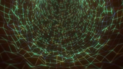 Túnel digital de malla verde sobre fondo marrón, que forma una red fluida de líneas geométricas luminosas