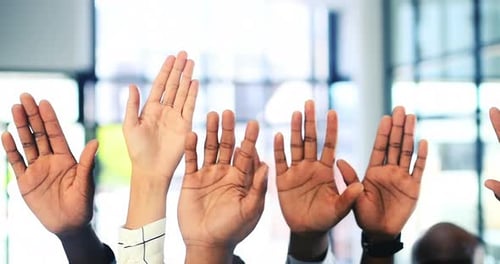 Diverse Group Raising Hands in Business Meeting