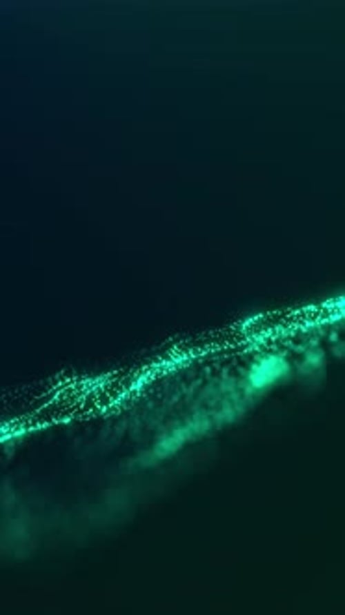 Deep green digital particles flow across a dark background