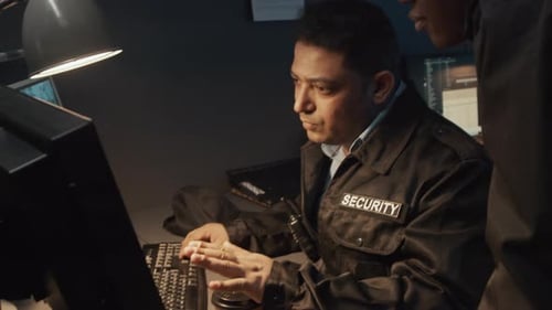 Security Guards Working at Computer in Control Room