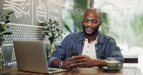 Customer or remote worker using phone, wifi and laptop while writing blog or texting in coffee shop