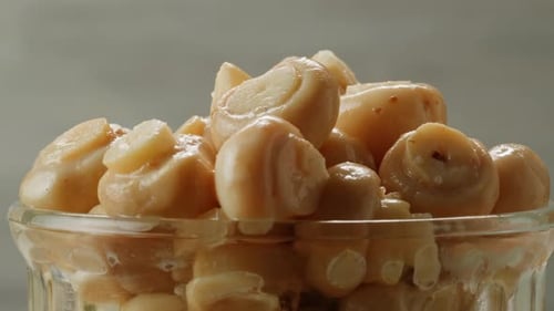 Fermented Champignons Jar with Marinated Mushrooms on Wooden Table Traditional Salted Marinated