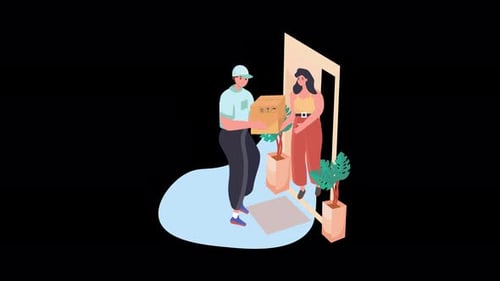 Freundlicher Lieferservice: Moderne illustrative Szene der Paketankunft zu Hause