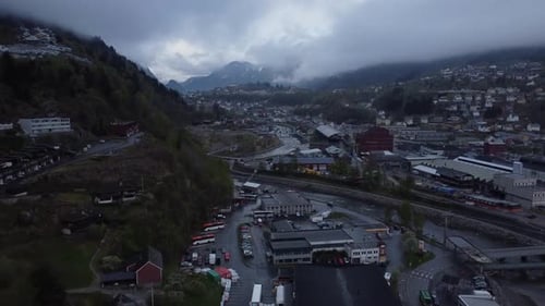 Aerial video of the center of Ode village in the Hardanger Fjord in Vestland, Norway, Scandinavia