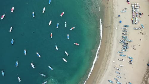 Boats Docked Paradise Tropical Beach Aerial Drone Top Notch Fly Above Sea Shore
