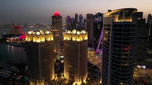 Architecture of The West Bay area of Doha (Ad-Dauha) at night, capital of Qatar