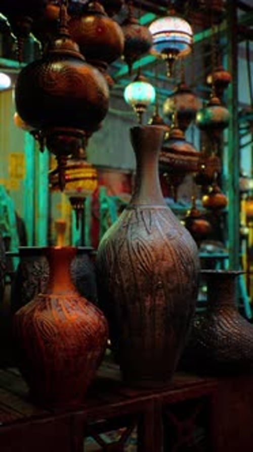 Ornate Vases and Glowing Lamps in a Traditional Market Scene