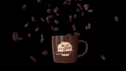 Animated Coffee Beans Falling Around and Into a Mug