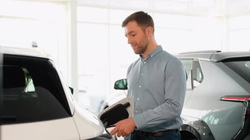 A Man Plugging in Charging Cable to Electric Vehicle and Charges Batteries in Car Dealership