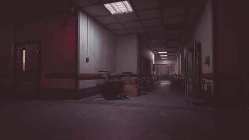 Dark Abandoned Hospital Corridor with Flickering Lights