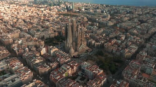 Aerial View of Barcelona City Skyline and Sagrada Familia Cathedral
