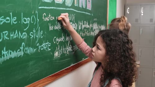 Student study coding engineering prompt while writing at blackboard. Pedagogy.