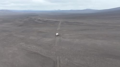 Aerial view of vehicle on road in highlands, Iceland.