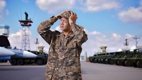 Asian Man Soldier Having A Headache At Military Camp