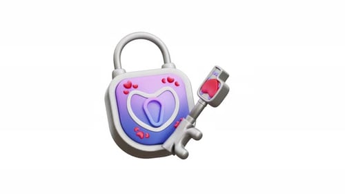3D Animation Love Padlock With Key And Heart Design