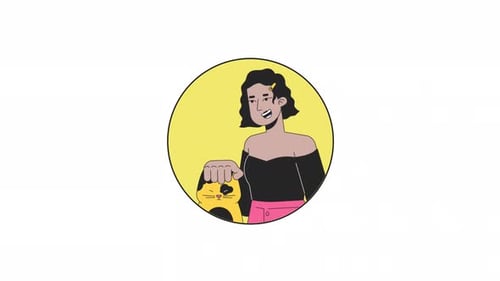 Girl latina petting domestic kitten line 2D avatar animation