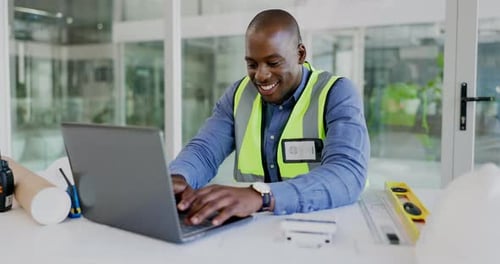 Laptop, architect time watch and black man check smartwatch schedule, planning