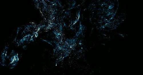 Abstrakter Flüssigkeitspartikel in Zeitlupe mit Schärfentiefe, Bewegung einer farbigen Punktwolke