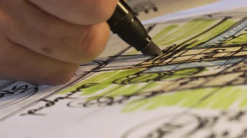 Architect Engineer Sketching Blueprint on Paper - Extreme Close Up (4K UHD)