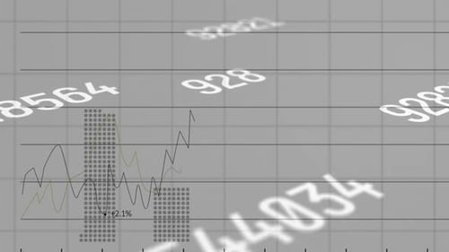 Digital animation of multiple changing numbers floating against financial data processing on grey ba